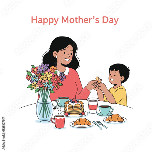 Cartoon illustration of mother and son celebrating Mother's Day at a table