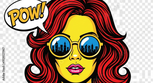 Comic book style portrait of a woman with sunglasses and a speech bubble.