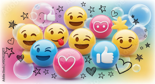 Collection of colorful emoji balls expressing different emotions and feelings.