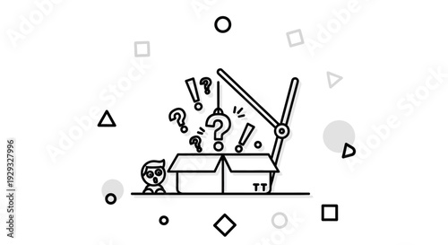 Man opening box with question marks.