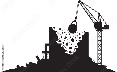 Demolition site with crane and rubble construction
