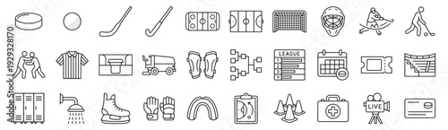 Hockey Club Services line icon set. Ice rink, field pitch, puck stick, goalie mask, referee shirt, tournament bracket, training cones outline vector illustrations. Signs for sport organization.
