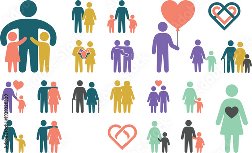 Diverse collection of colorful family icons representing various relationships and community bonds