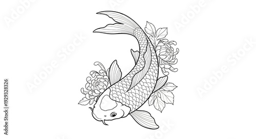Elegant Koi Fish and Chrysanthemum Flower Drawing