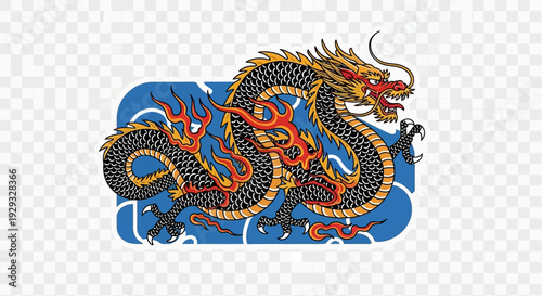 Traditional Chinese Dragon Illustration with Flames and Clouds on Blue Background