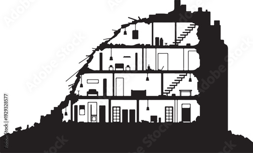 Cutaway view of a multi-story house with interior rooms and furniture