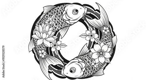 Koi Fish Zodiac Symbol Pisces Swirl with Lotus and Cherry Blossoms