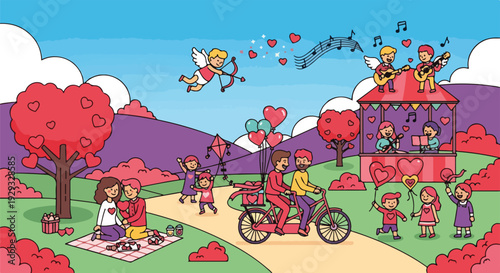Cartoon-style illustration featuring hearts, couples, musicians, and children outdoors