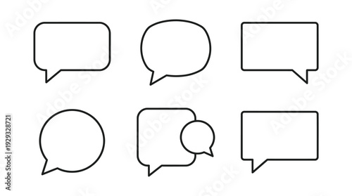 Speech Bubbles Set in Simple Line Art Style with Black Outline on White Background for Graphic Design