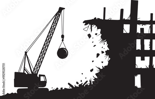 Demolition site with crane and wrecking ball construction