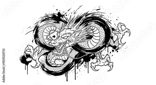Japanese Dragon Tattoo Art Illustration - Ink Brush Strokes and Splatters
