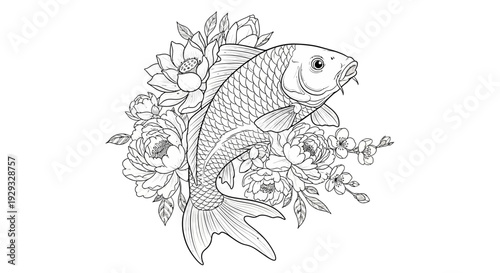 Koi Fish and Flowers Line Art Illustration