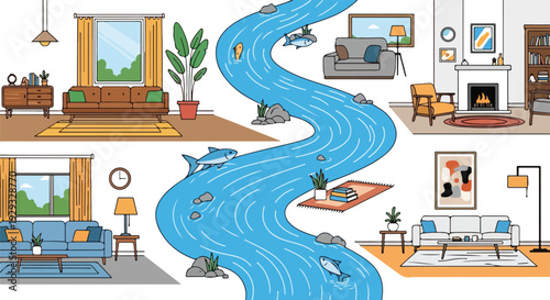 Cartoon-style illustration of a river flowing through various living spaces