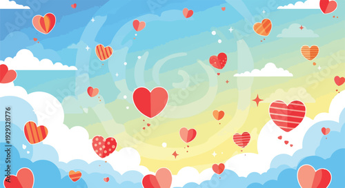 Cartoon-style illustration of hearts floating in a sky with clouds