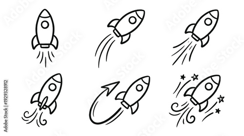 Rocket Ship Icons in Various Motion Styles with Dynamic Lines and Stars in Black and White for Infographics