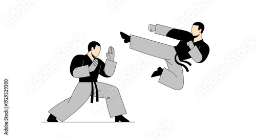 Martial Arts Training: Two Men Sparring with Dynamic Kicks and Punches