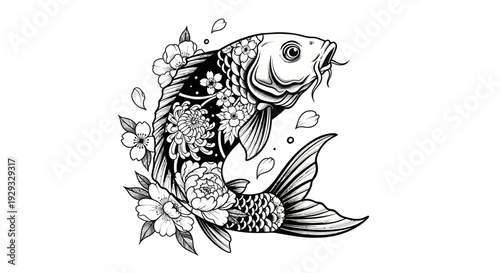 Koi Fish Tattoo Design with Cherry Blossoms, Black and White Illustration