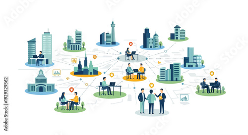 Global Business Network & Distributed Workforce: Remote Collaboration, Digital Connectivity, Smart City Technology Illustration