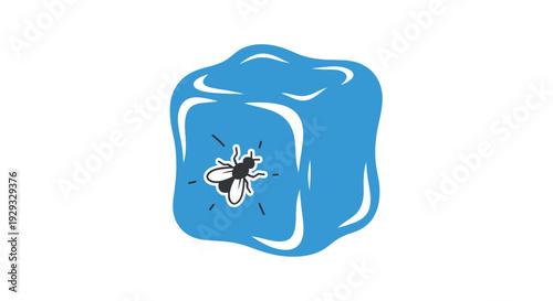 Bee on blue ice cube melting.