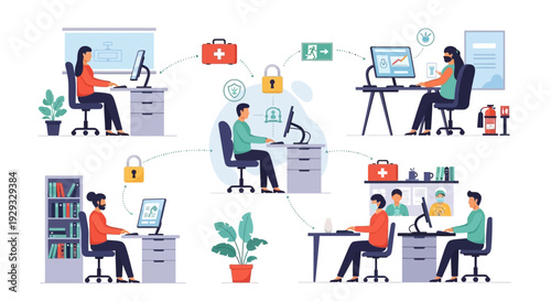 Secure Hybrid Workplace Environment: Employee Safety, Health Protocols, Data Security, and Remote Collaboration Network Illustration