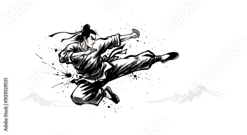 Martial Arts Warrior Acrobat Kick Ink Wash Painting Style
