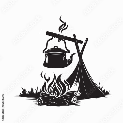 Forest Campfire Cooking Scene Vector Silhouette Logo Illustration Design