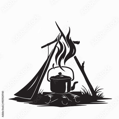 Forest Campfire Cooking Scene Vector Silhouette Logo Illustration Design