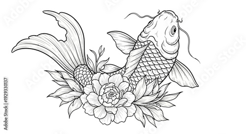 Koi Fish and Flowers Line Art Tattoo Design