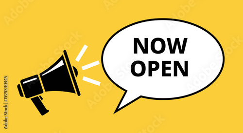 Announcing Grand Opening with Megaphone Graphic on a Yellow Background, Fresh and Clear