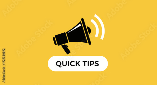 Announcing Quick Tips with Megaphone Icon on a Yellow Background, Communication Concept