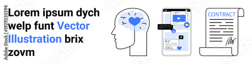 Innovation, technology, legal agreements, brain processes, user interfaces, tech communication. Brain with heart symbol, phone screen with interfaces signed contract document. Innovation