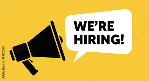Bold Hiring Announcement with Megaphone and Speech Bubble on a Vibrant Yellow Background