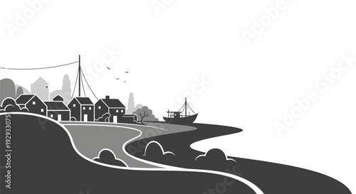 Black and White Coastal Village Illustration.