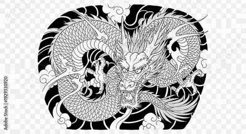 Intricate Black and White Japanese Dragon Tattoo Design with Clouds