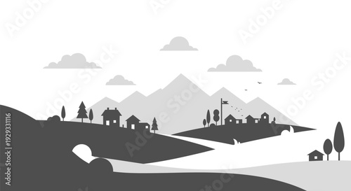 Black and White Mountain Village Landscape.