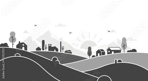 Black and White Landscape Illustration with Hills and Buildings.