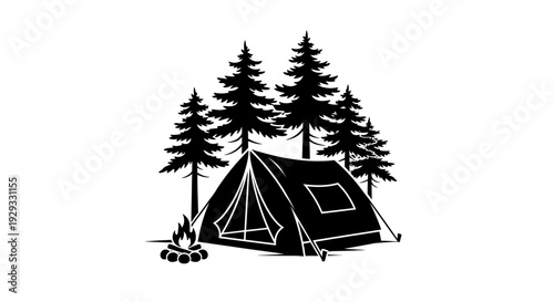 Camping scene featuring tent trees and campfire monochrome graphic illustration