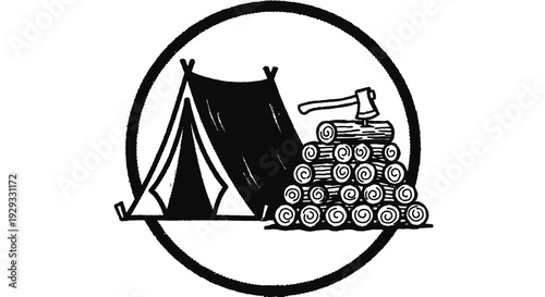 Camping scene with tent axe and stacked logs outdoors black and white illustration