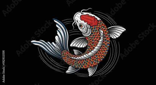 Japanese Koi Fish Illustration, Traditional Art, Black Background
