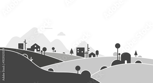 Black and White Village Landscape Illustration.