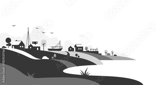 Black and White Village Landscape Illustration.