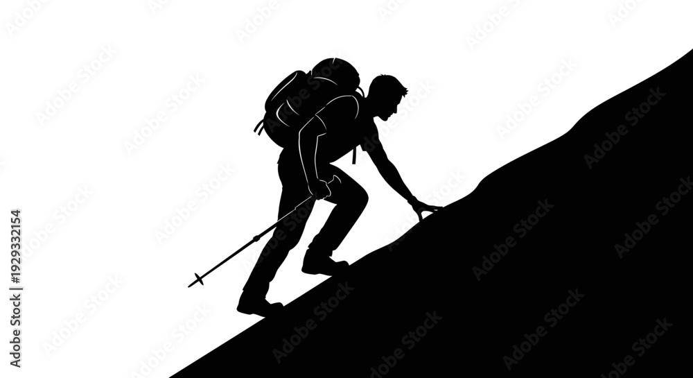 Fototapeta premium Hiker ascending mountain slope silhouette illustration travel adventure concept