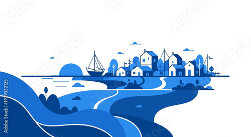 Blue Coastal Village with Sailboat and Homes.