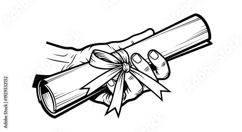 Hand holding a rolled scroll tied with a ribbon in black and white