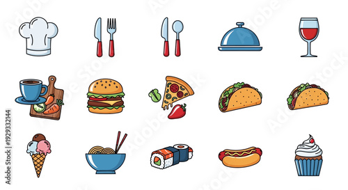 A collection of illustrated culinary icons showcasing varied food and dining elements.