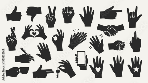 Hand gesture silhouette collection. Black icons set - thumbs up, peace sign, fist, open palm, handshake, heart gesture, pointing finger, key hold. Vector linocut style minimalist design elements.