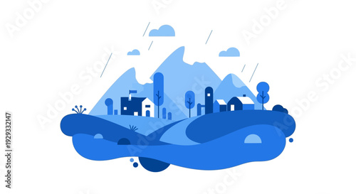 Blue Cityscape Illustration with Mountains.