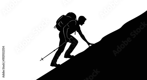 Hiker ascending mountain slope silhouette illustration travel adventure concept