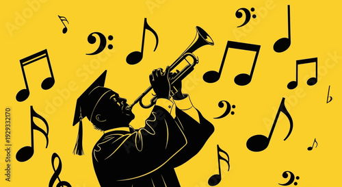 Musician silhouette playing trumpet surrounded by musical notes education concept vector illustration