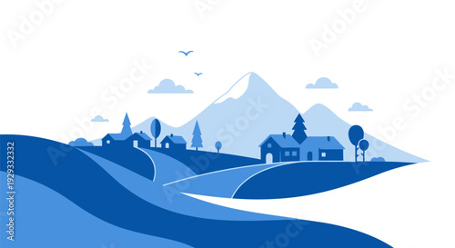 Blue Landscape Illustration with Mountains and Village.